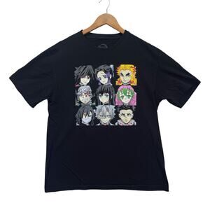 Demon Slayer Character Faces Graphic Tee Anime Black T Shirt Series sz L